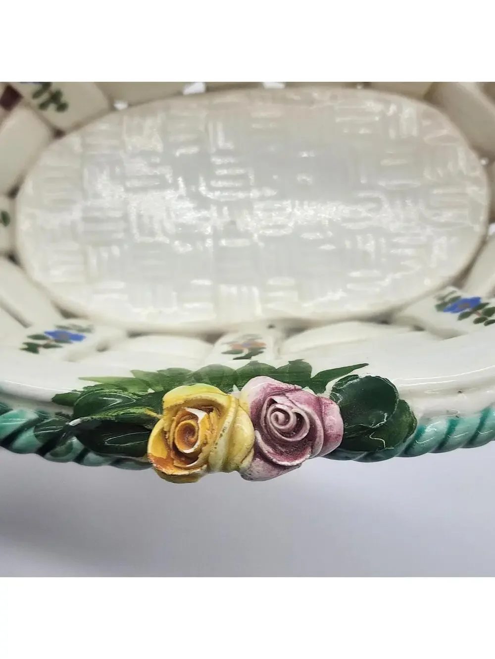Vintage Italian Ceramic Basketweave Bowl Floral Roses Lattice Trinket Candy Dish